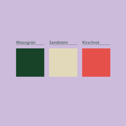 Die drei Hautpfareb Moosgrün, Sandstein und Kirschrot auf lila Hintergrund