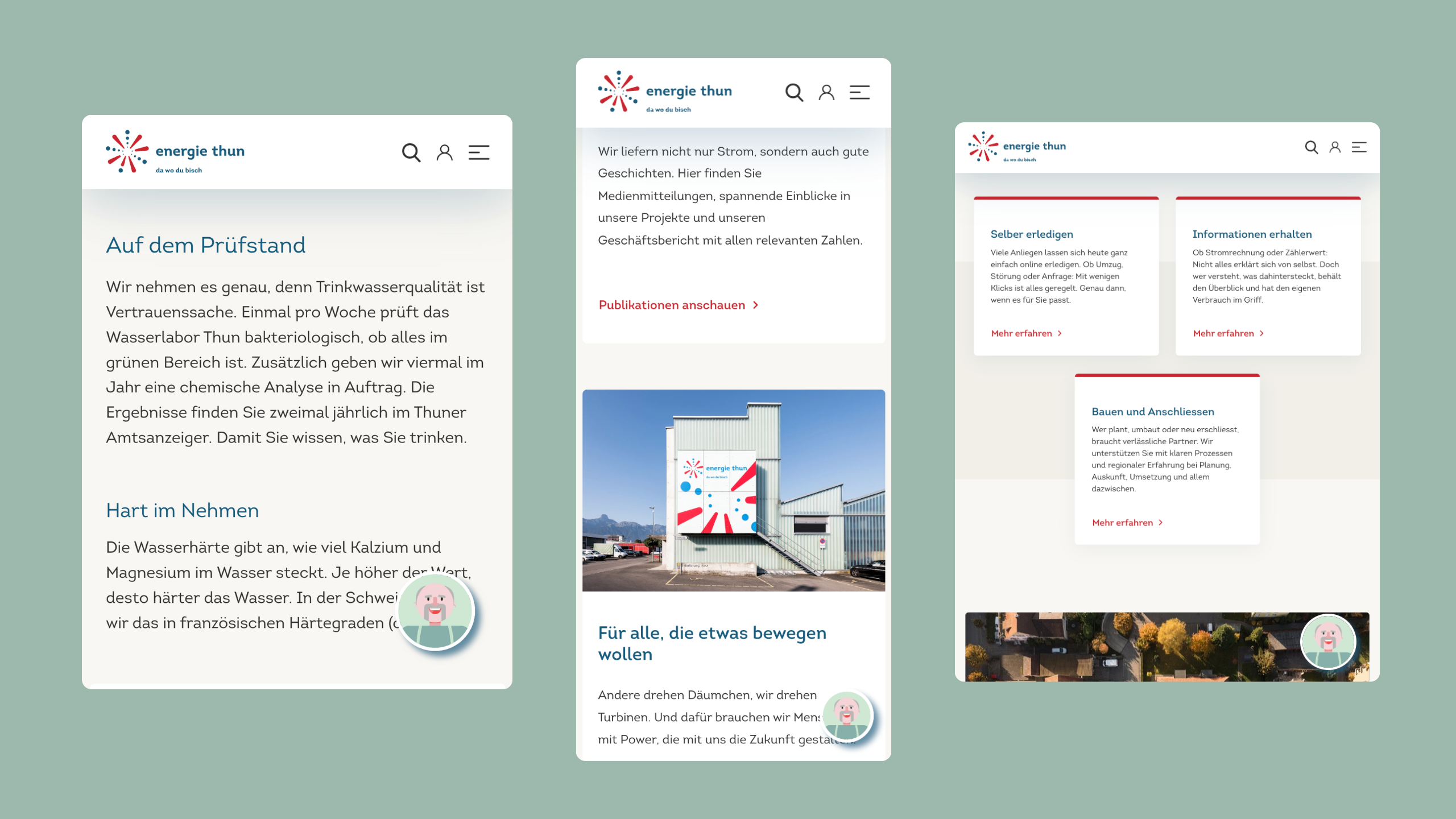 Screenshots der Website von Energie Thun