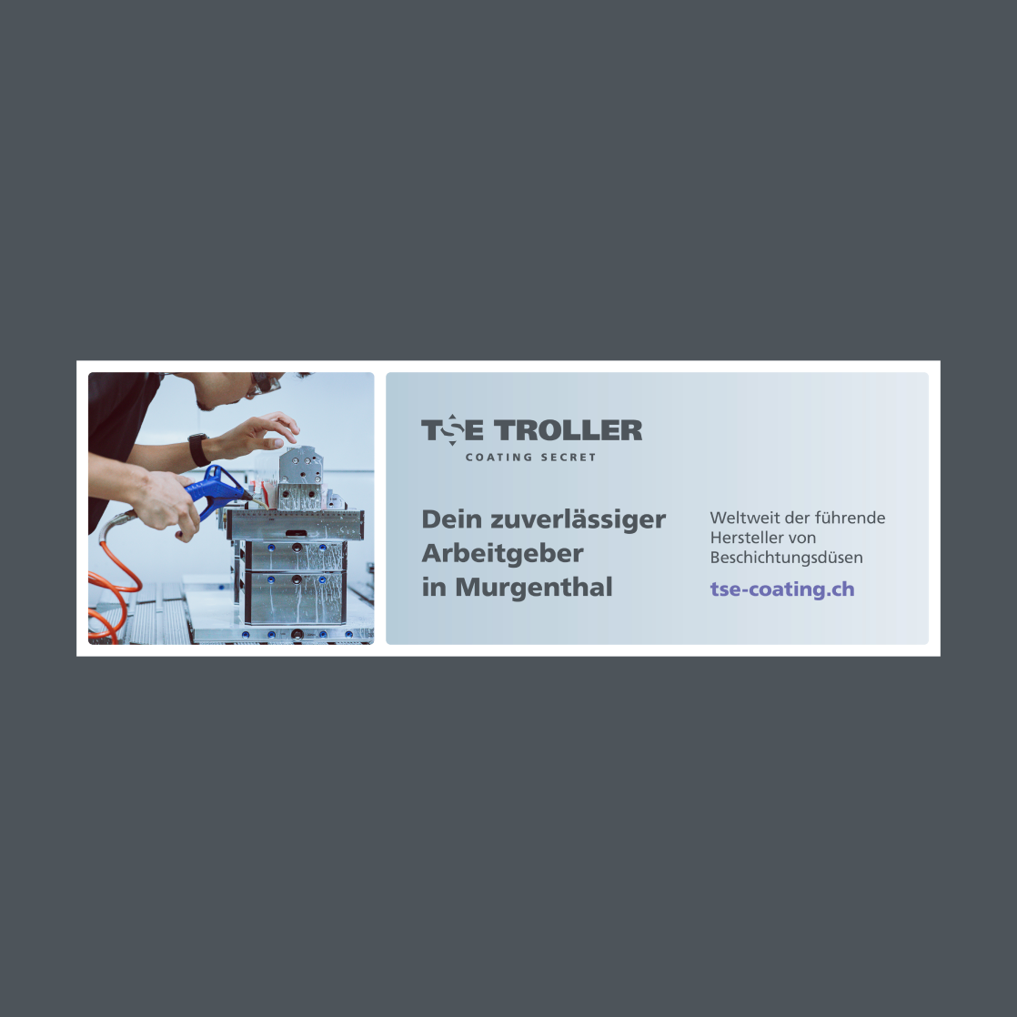 Banner mit Bild, Logo, Claim und Arbeitgeberbotschaft für TSE Troller.