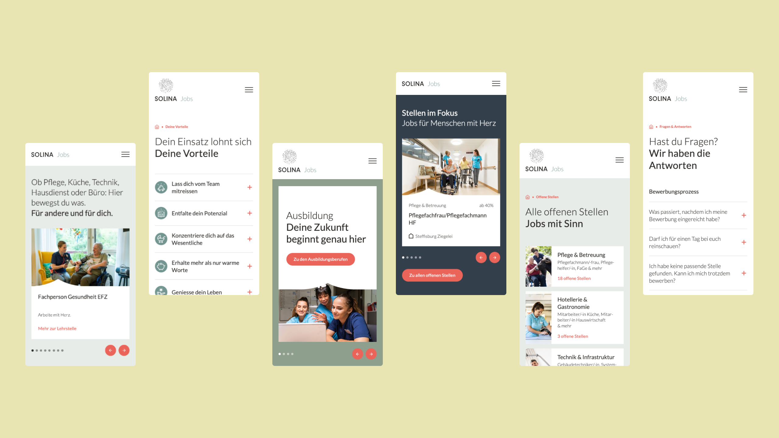 Sechs verschiedene Mobile Screens von jobs.solina.ch visualisieren das Design.