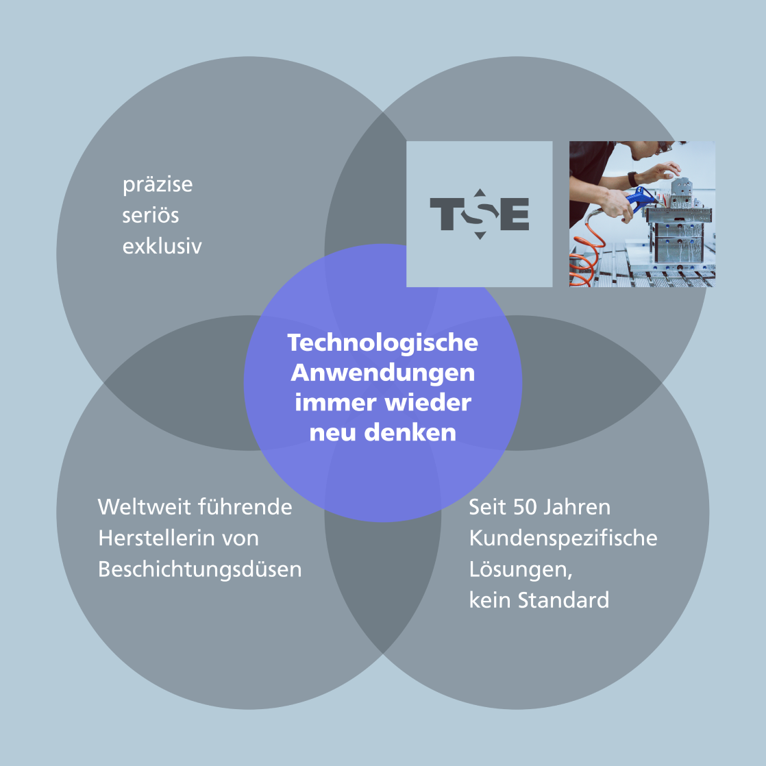 Vier überlappende Kreise mit Aussagen zur Positionierung von TSE Troller als Technologiemarke.