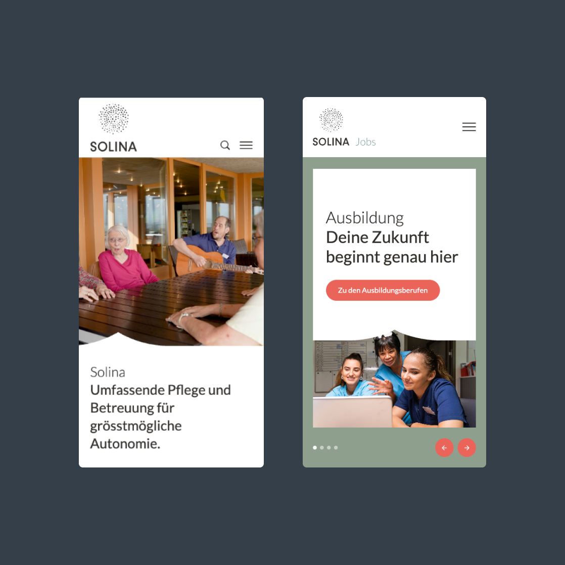 Gegenüberstellung der Corporate Website mit der Karrierewelt mit den beiden Mobile Startseiten