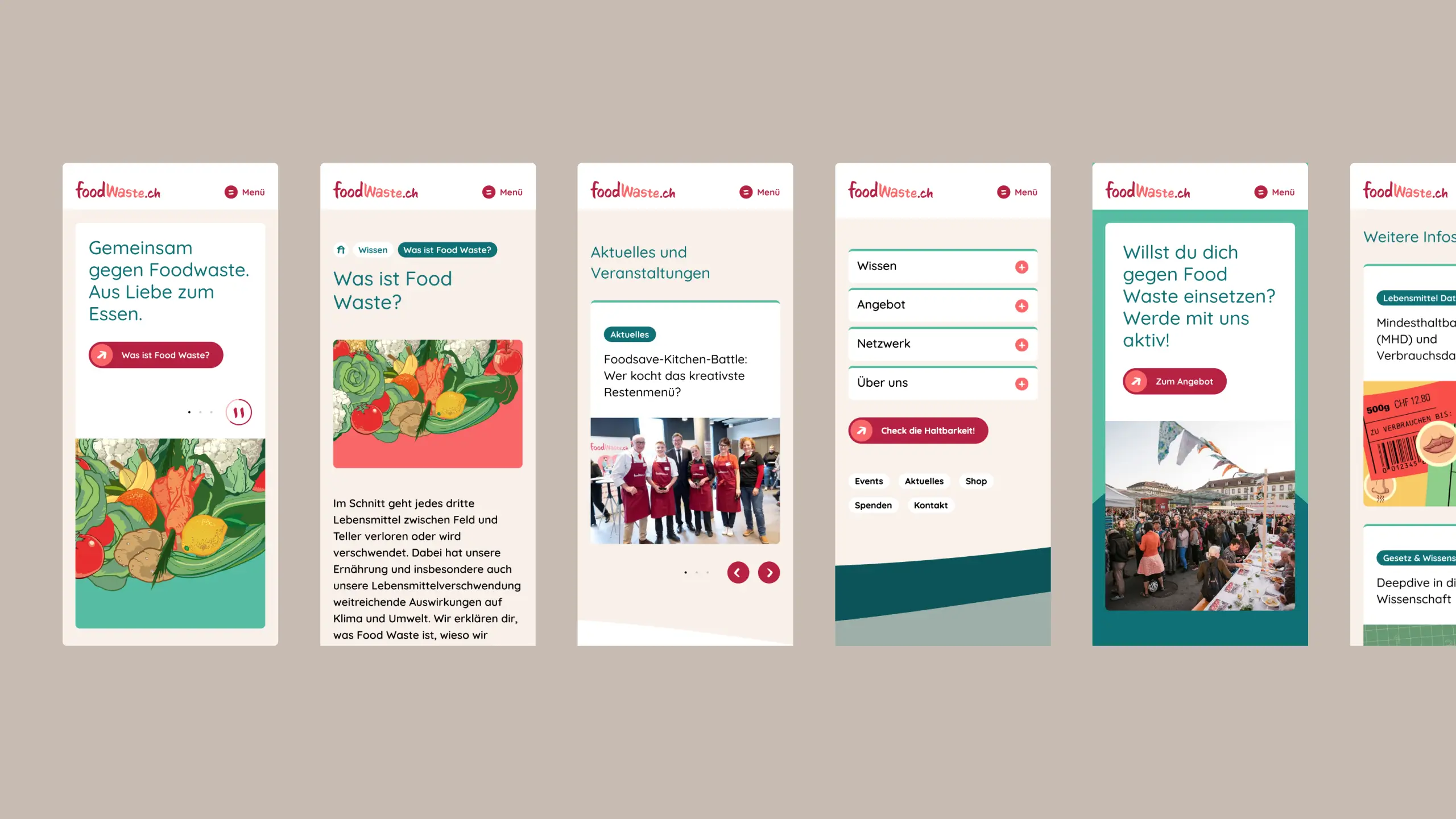 foodwaste.ch Mobile Screens Mehrere mobile Screens der Website mit Navigation, Wissen und Veranstaltungsinhalten