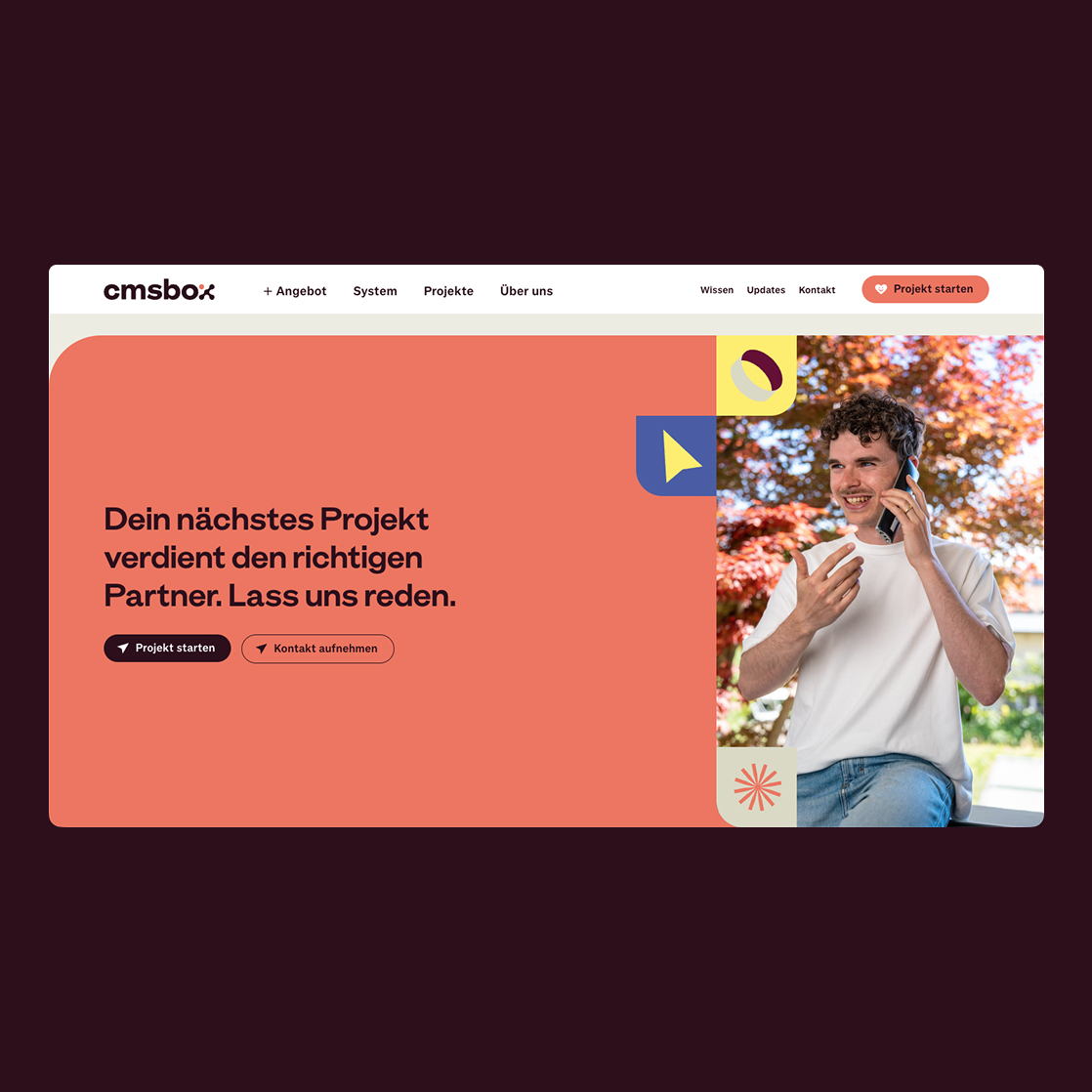 Webseiten-Mockup im cmsbox-Branding mit Hero-Bereich, personalisiertem Text und grafischen Gestaltungselementen.