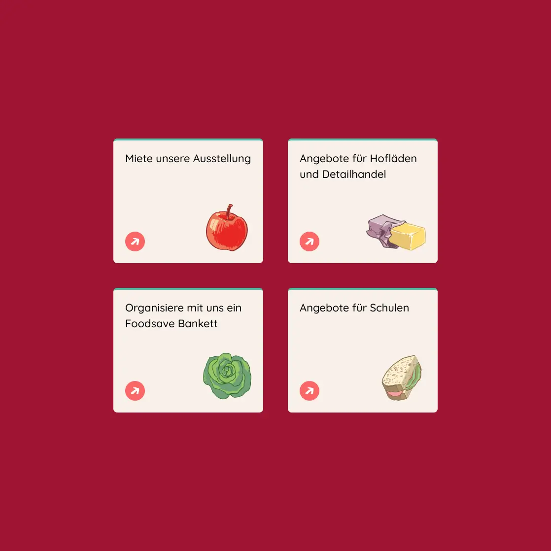 foodwaste.ch Teaser-Elemente Übersicht von Angeboten mit vier Kacheln, darunter Ausstellung, Detailhandel, Bankett und Schulen