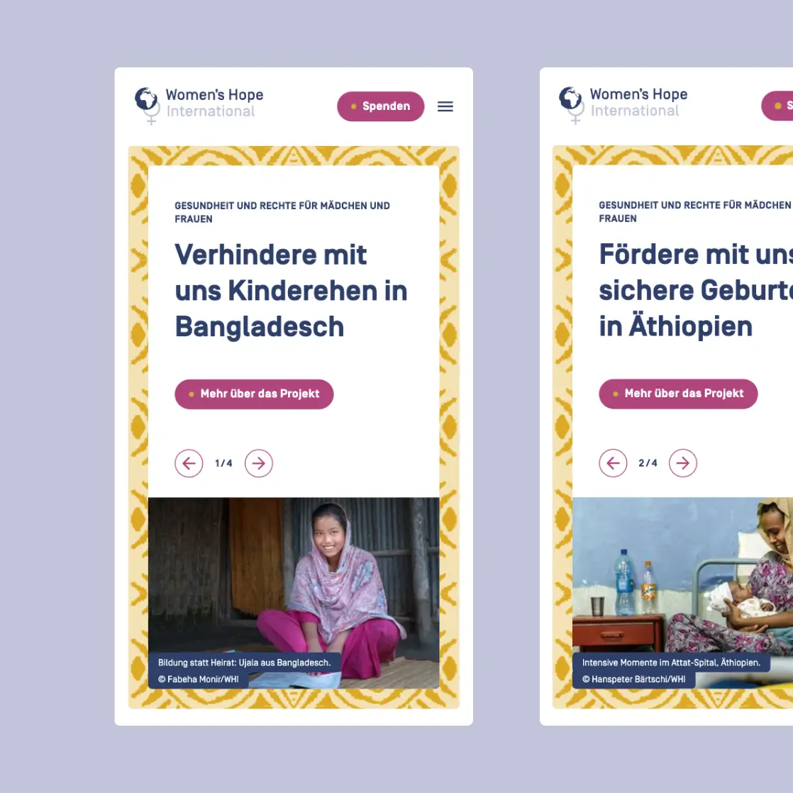 Mobile Website von Women’s Hope mit Spendenkampagne gegen Kinderheirat und für sichere Geburten