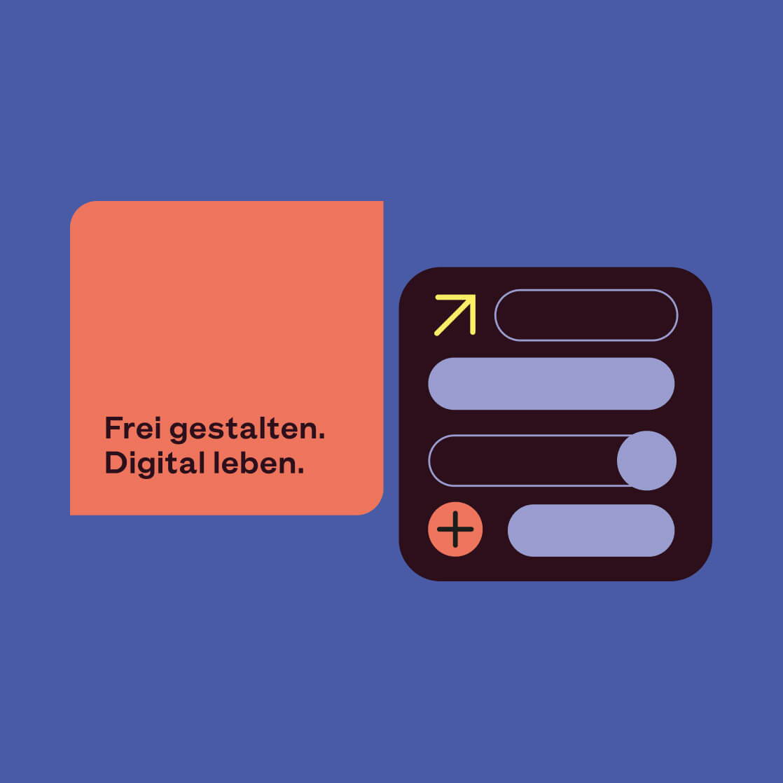 Visualisierung des Designsystems mit dem Claim „Frei gestalten. Digital leben.“ im cmsbox-Branding.