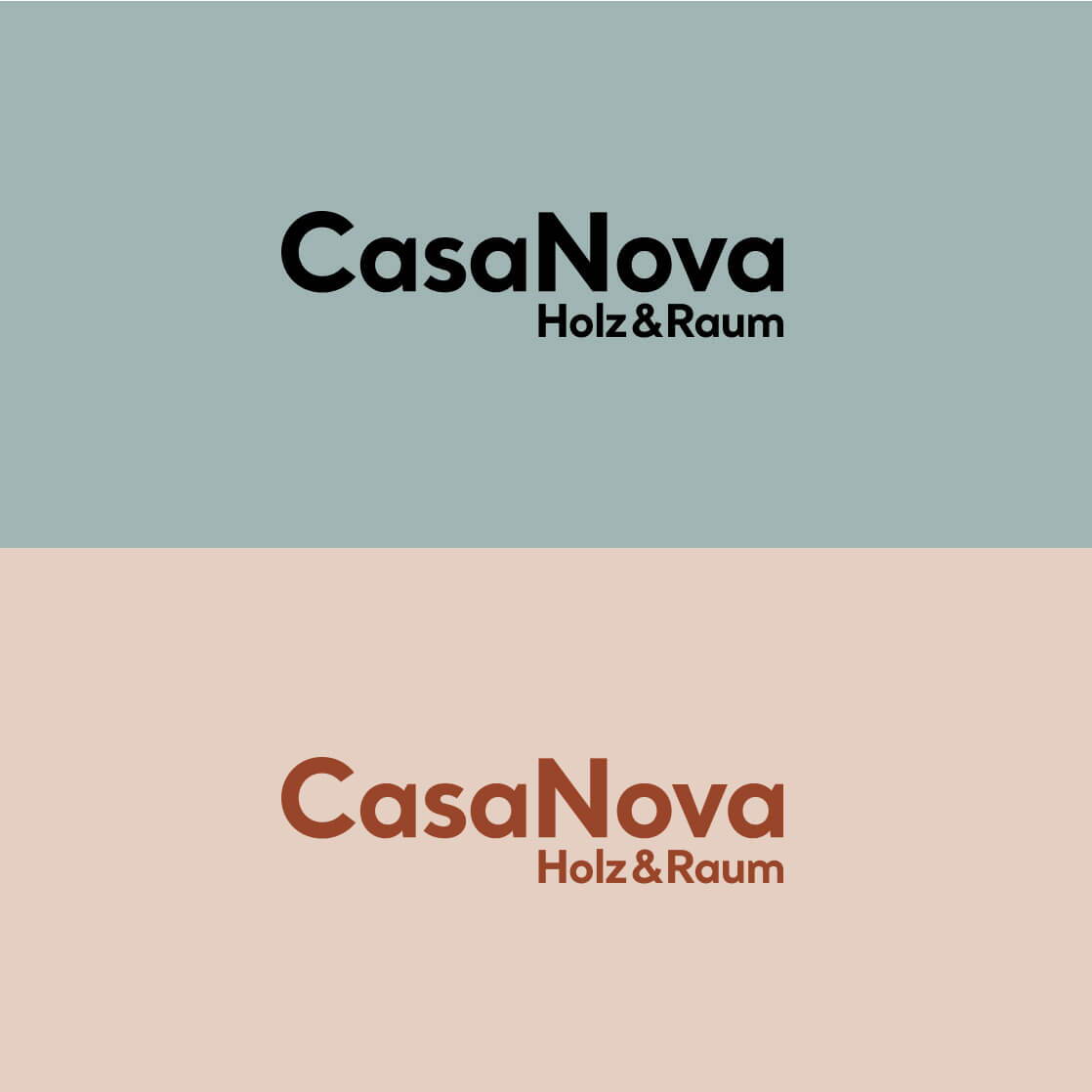 Schwarze und braune Version des CasaNova Logos auf unterschiedlichen Hintergründen.