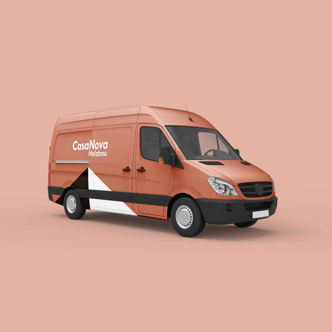 Visualisierung eines Lieferwagens mit CasaNova Logo und grafischen Markenelementen.
