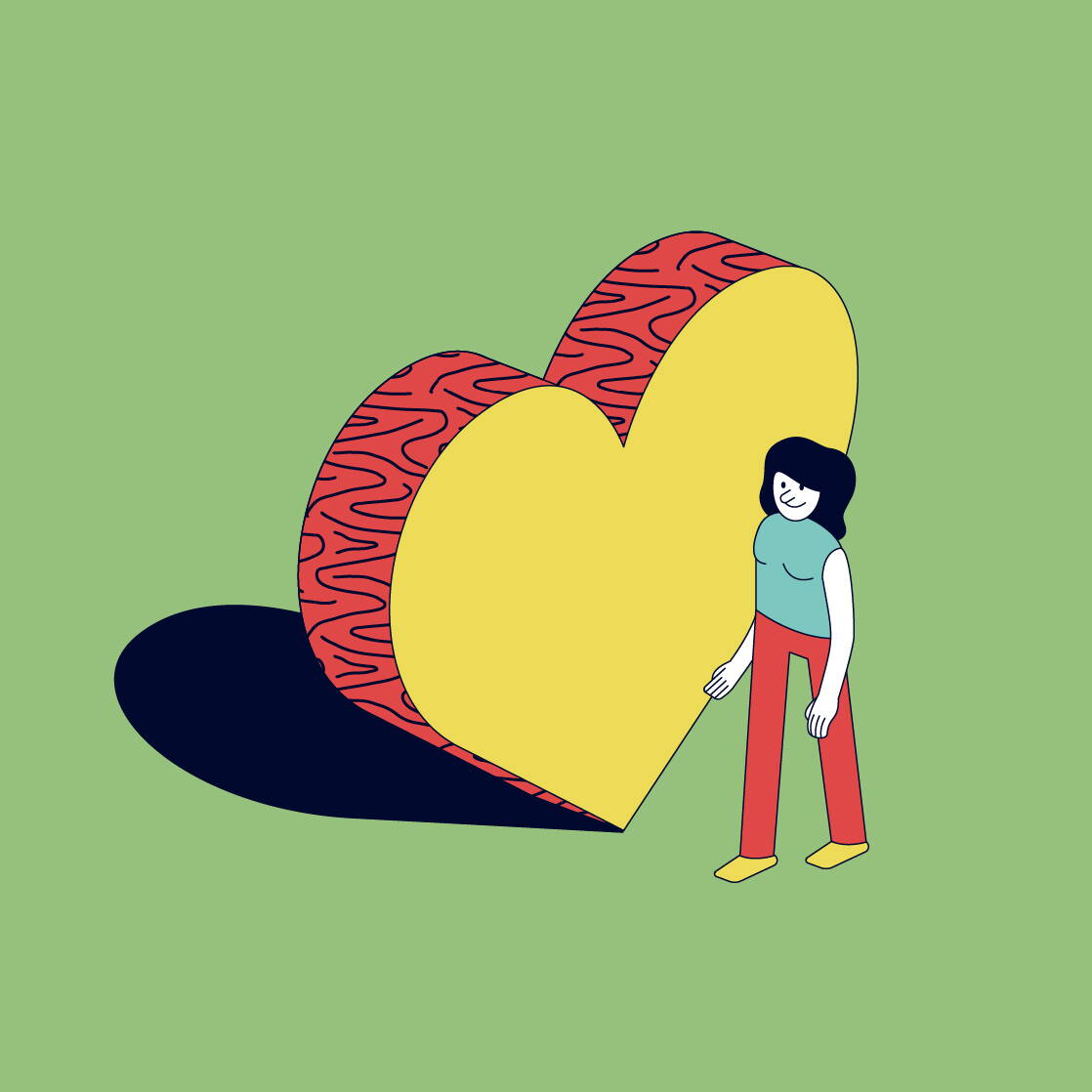 Person neben Herz Illustration mit einer Person neben einem grossen gelben Herz auf grünem Hintergrund.