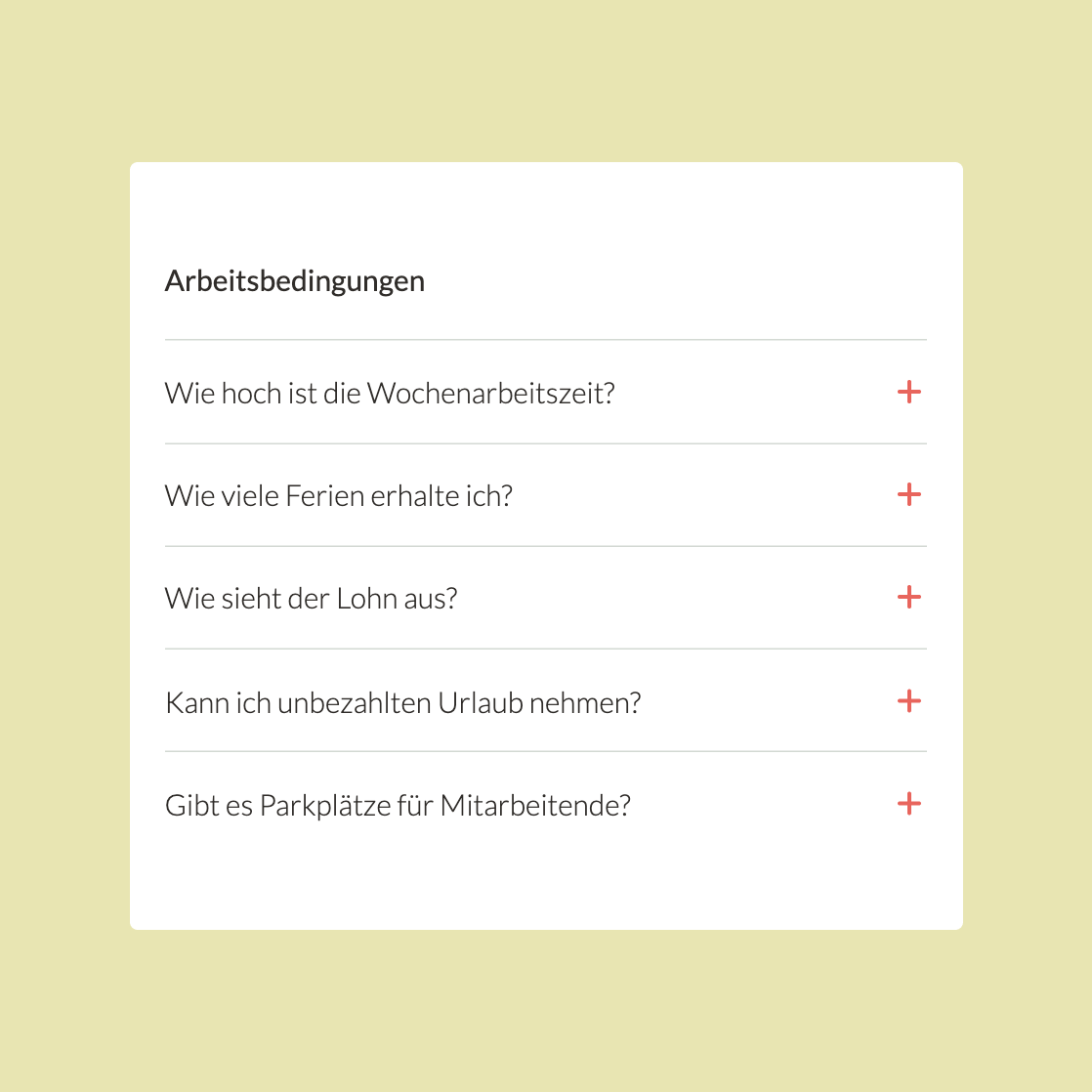 Fragen und Antworten Visualisierung eins Accordions mit Fragen und Antworten zu den Arbeitsbedingungen bei Solina