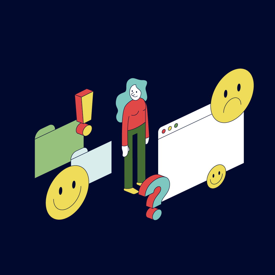 Person zwischen Symbolen Illustration mit einer Person zwischen Browserfenster, Ordner, Smileys, Fragezeichen und Ausrufezeichen. Auf blauem Hintergrund.