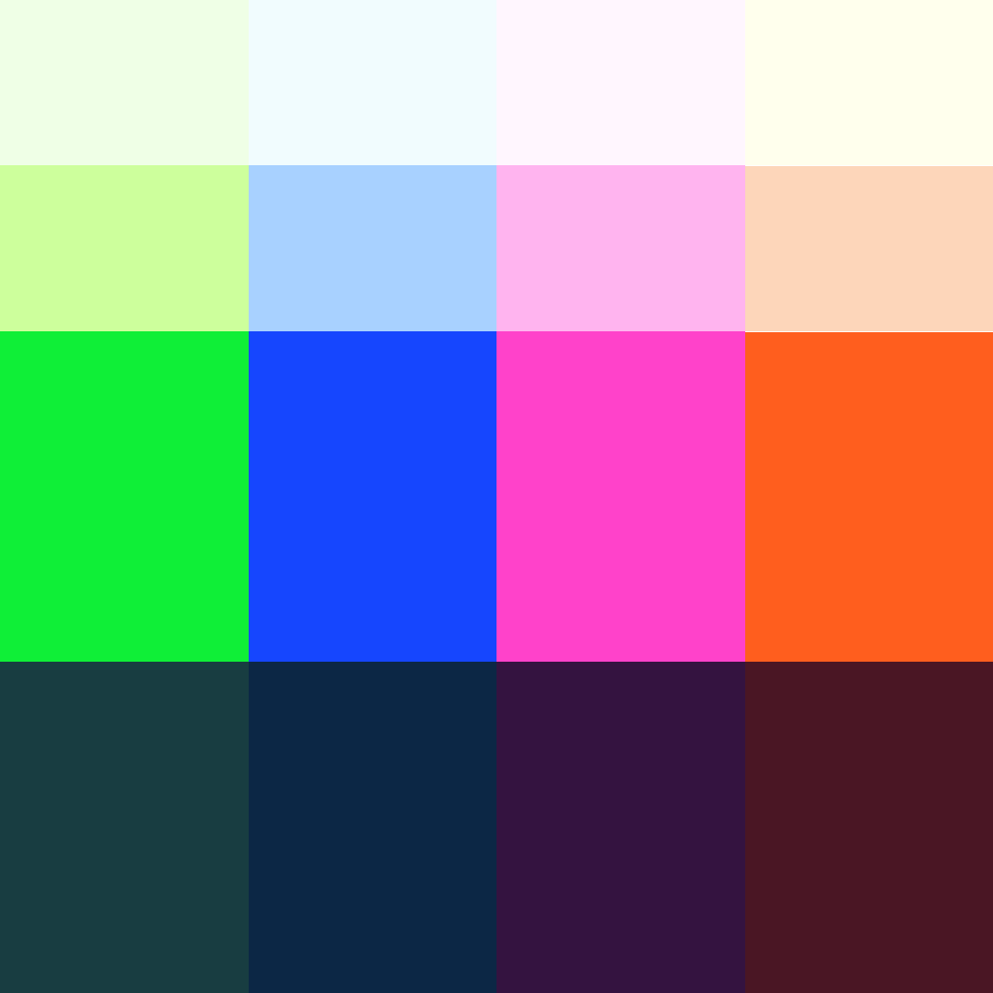 Grün, blau, pink und orange Farben in verschiedenen Farbstufen visualisieren die Bildwelt von evenjo.