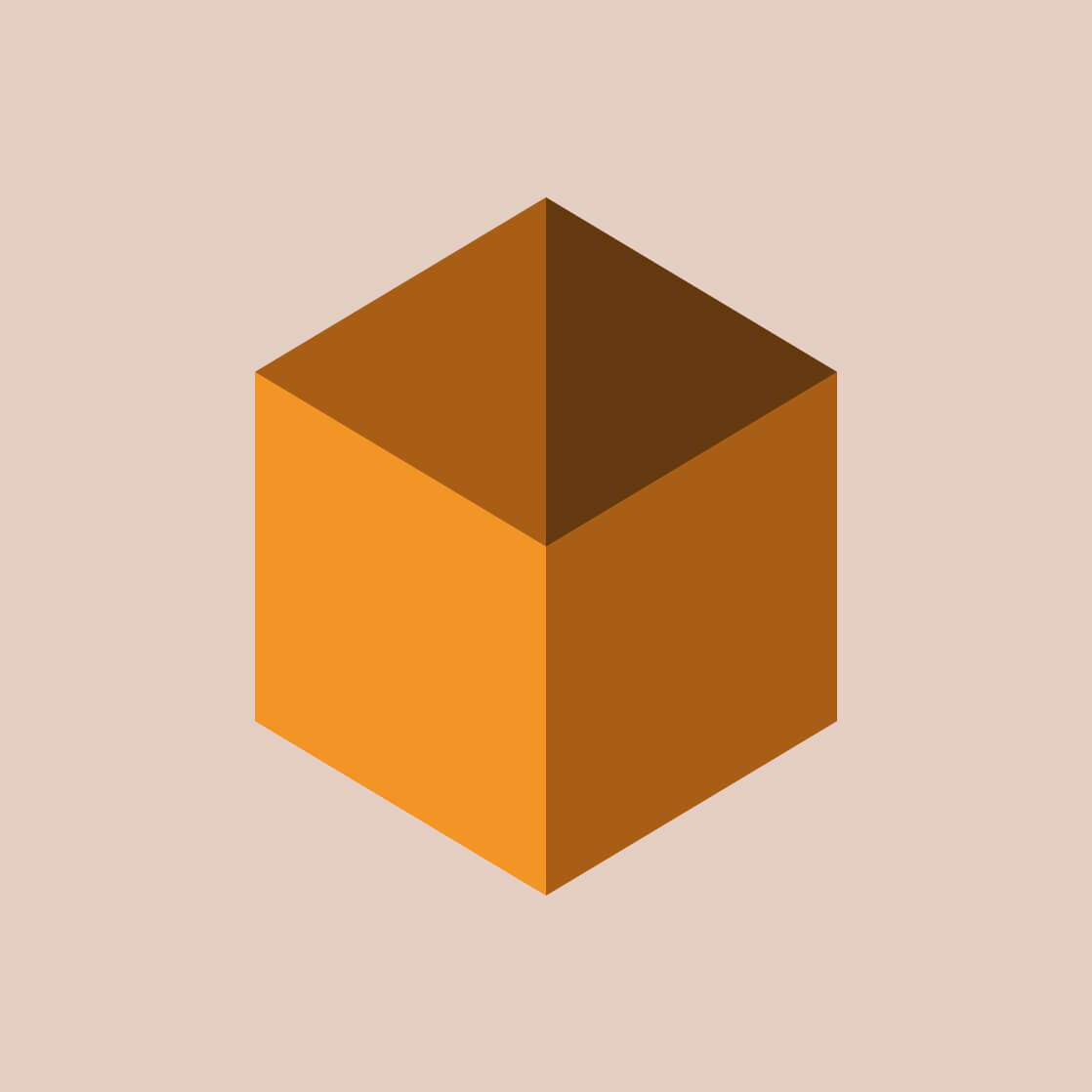 Geometrische Würfelform aus drei Brauntönen und Orange auf hellem Hintergrund.