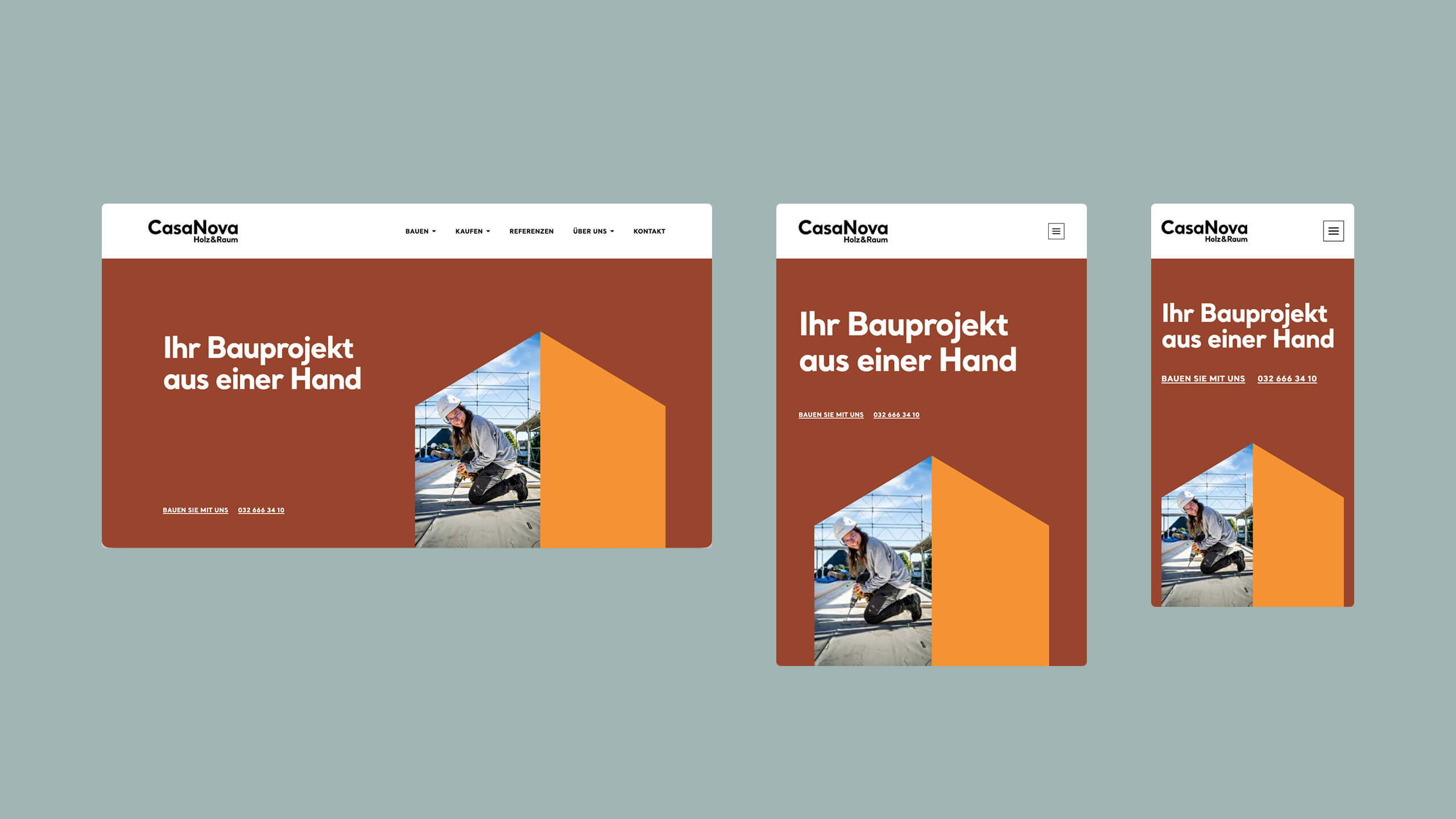 Mockup der Website-Startseite für Desktop, Tablet und Smartphone mit Baustellenbild und Markenfarbe.