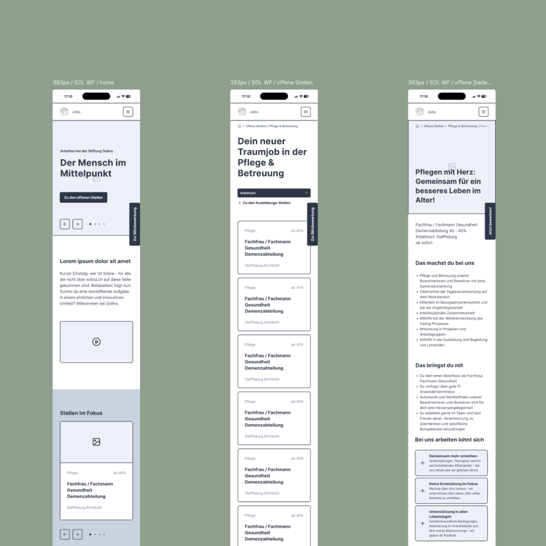 Drei verschiedene Wireframes von jobs.solina.ch visualisieren den Prototyp.