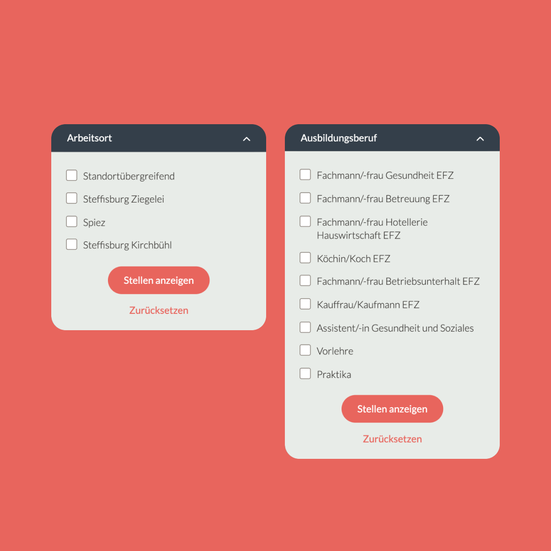 Visualisierung eines Filters für den Arbeitsort sowie ein Filter, um Ausbildungsberufe zu selektieren
