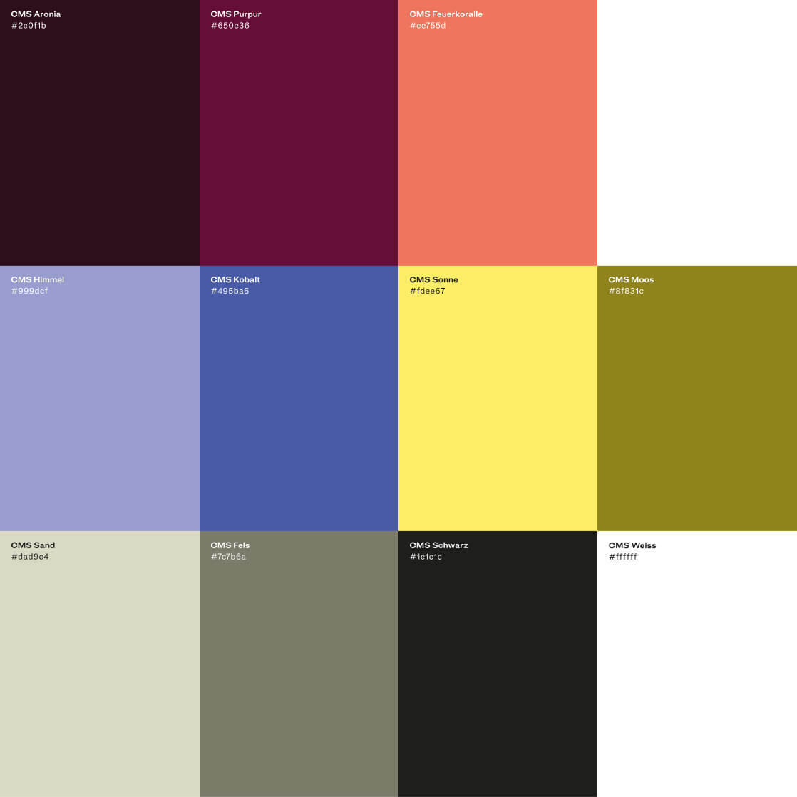 Übersicht der cmsbox-Farbpalette mit definierten Markenfarben und Hex-Codes des Designsystems.