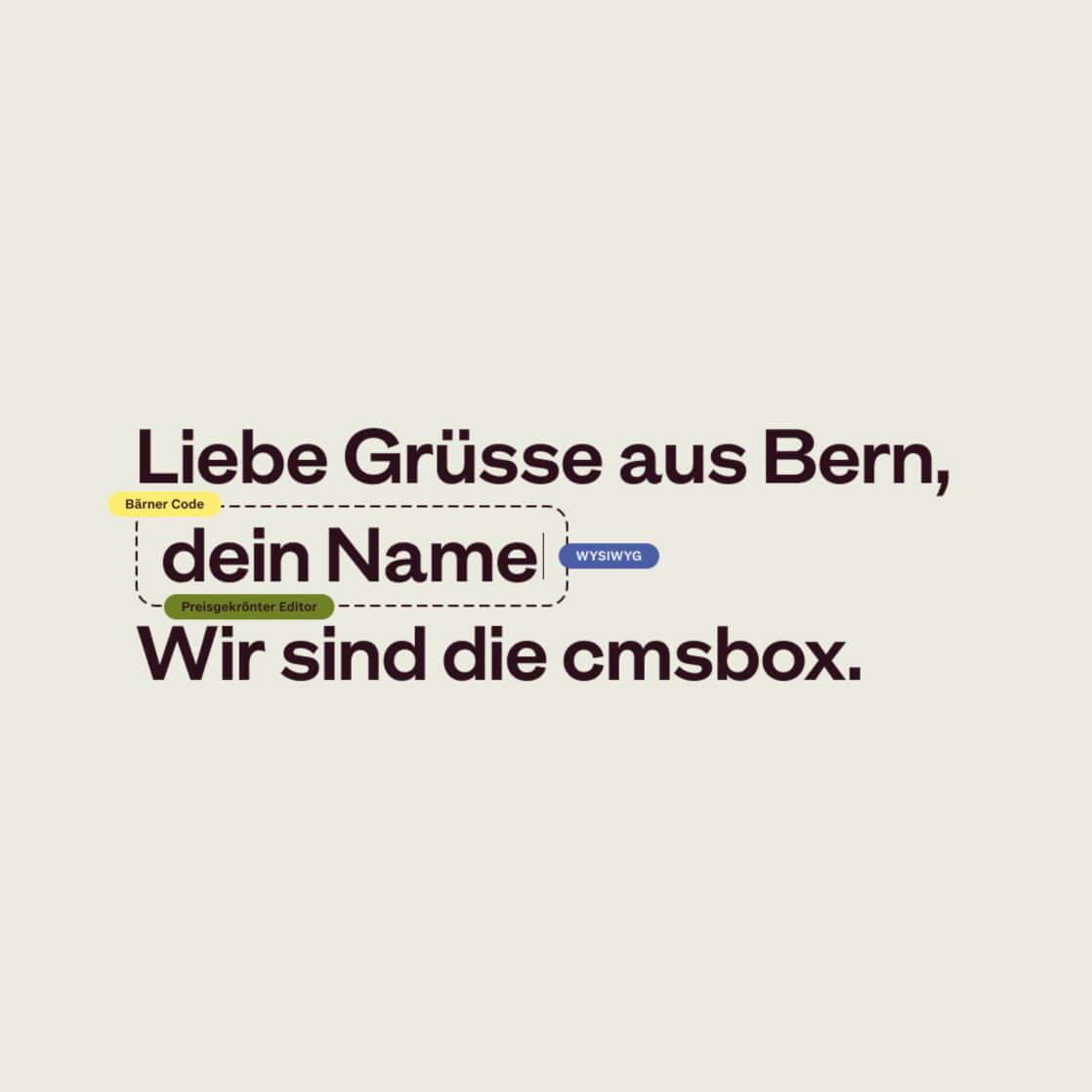 Typografisches Visual von cmsbox mit dem Text „Liebe Grüsse aus Bern, Platzhalter für Name. Wir sind die cmsbox.“ und spielerischen Interface-Elementen.