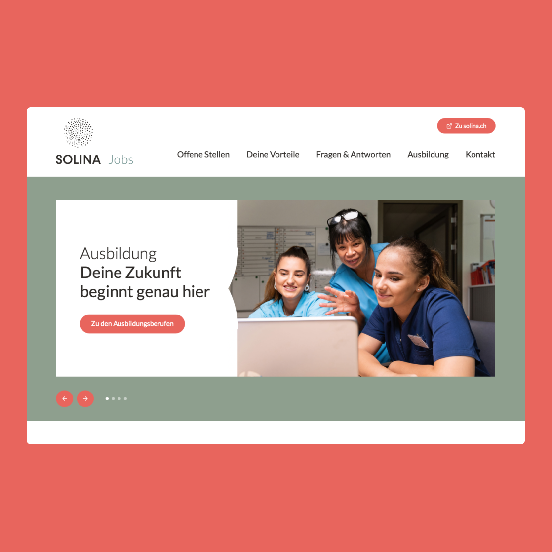 Startseite jobs.solina.ch Visualisierung der Startseite auf Desktop