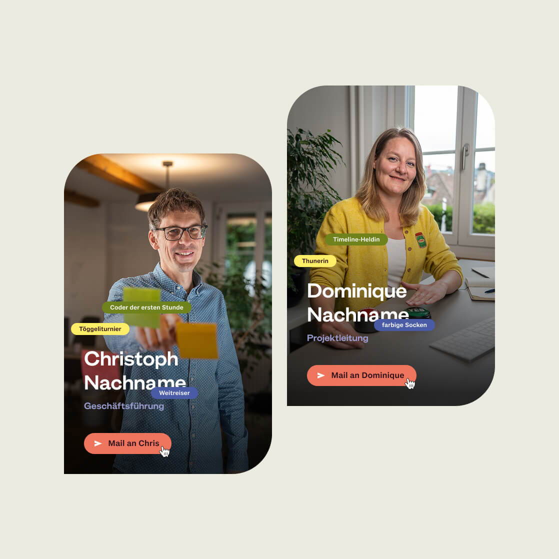 Mitarbeiterporträts der cmsbox im neuen digitalen Brand- und UI-Konzept.