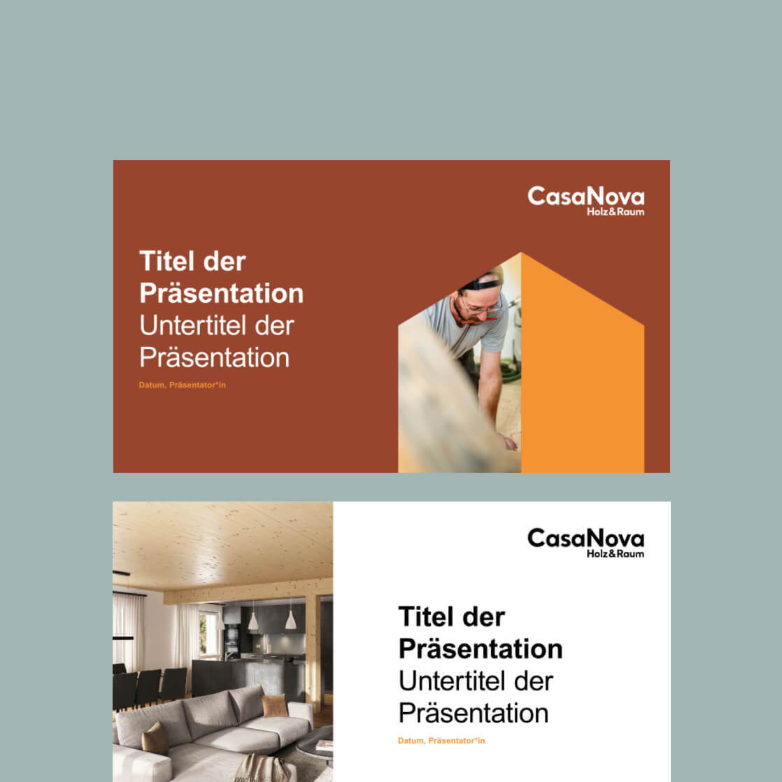 Layouts einer Präsentation mit Logo, Bildmasken, Markenfarben und Text.