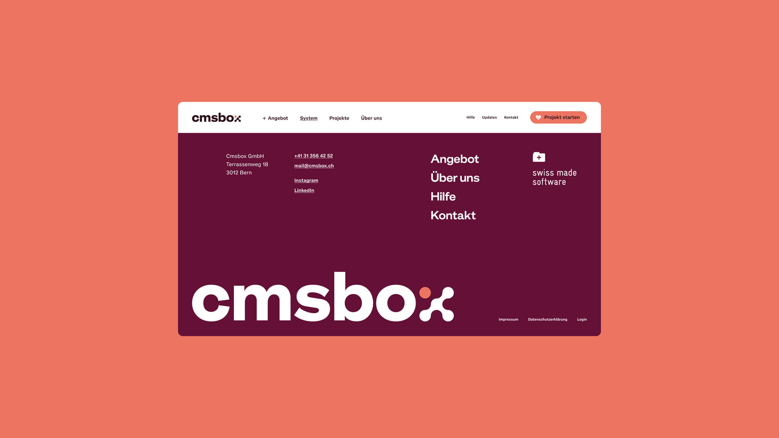 Webseiten-Footer im cmsbox-Design mit Navigation, Kontaktinformationen und grossflächigem Logo auf korallfarbenem Hintergrund.