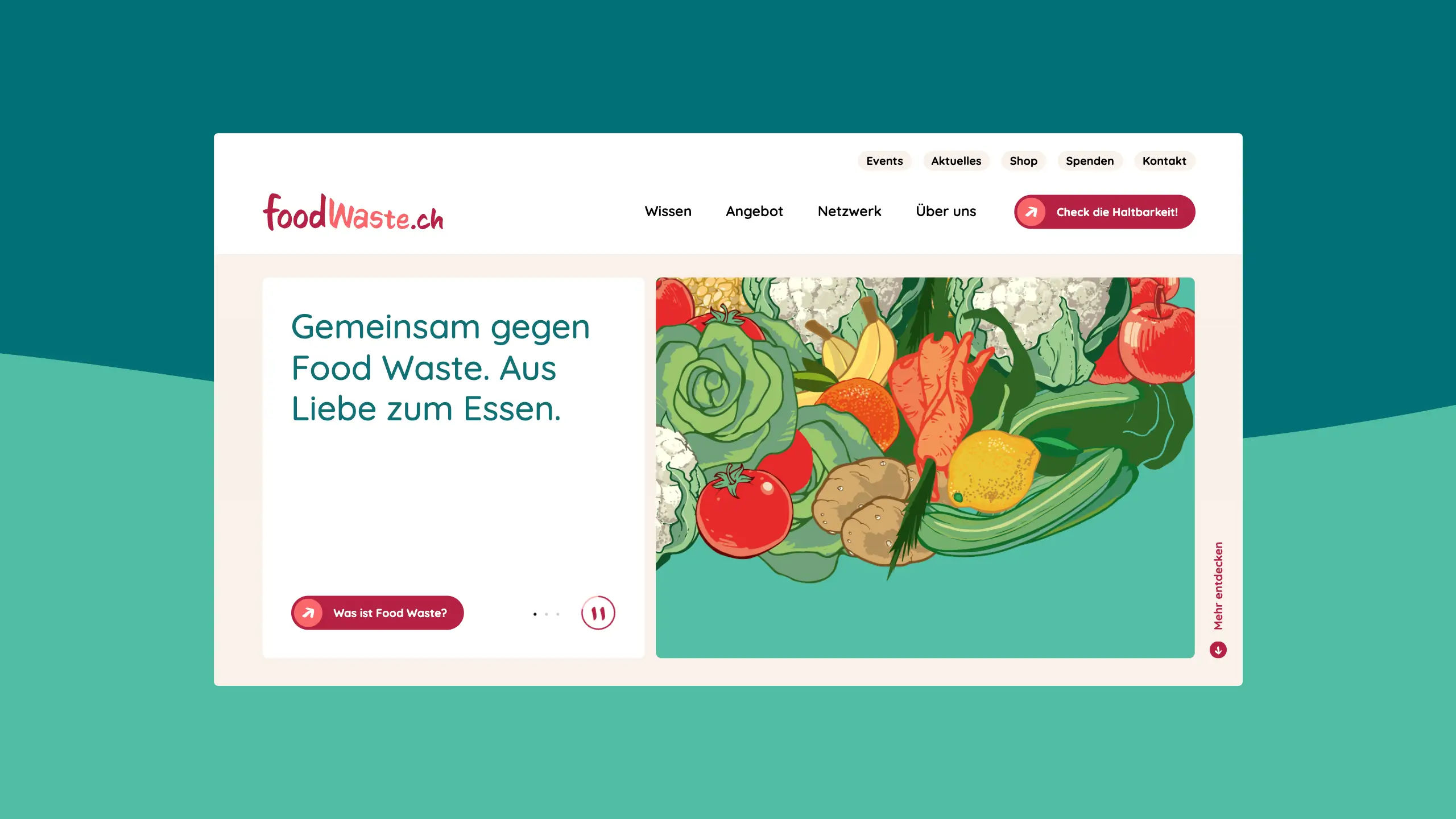 foodwaste.ch Startseite Desktop Startseite mit Claim gegen Food Waste und Illustration von Gemüse und Lebensmitteln