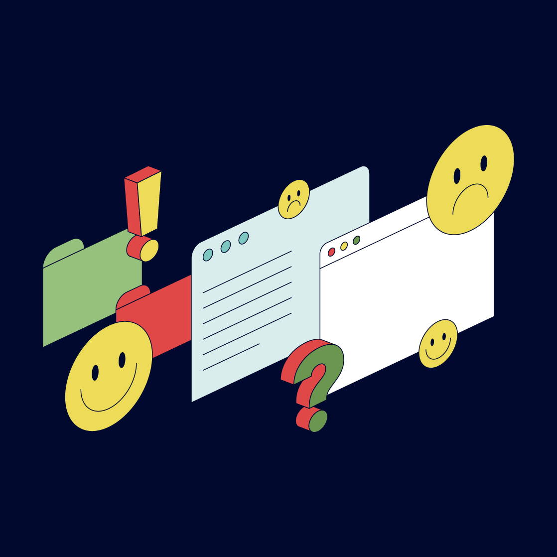 Feedback und Hinweise Illustration mit Browserfenstern und Ordner, Smileys, Fragezeichen und Ausrufezeichen auf dunkelblauem Hintergrund