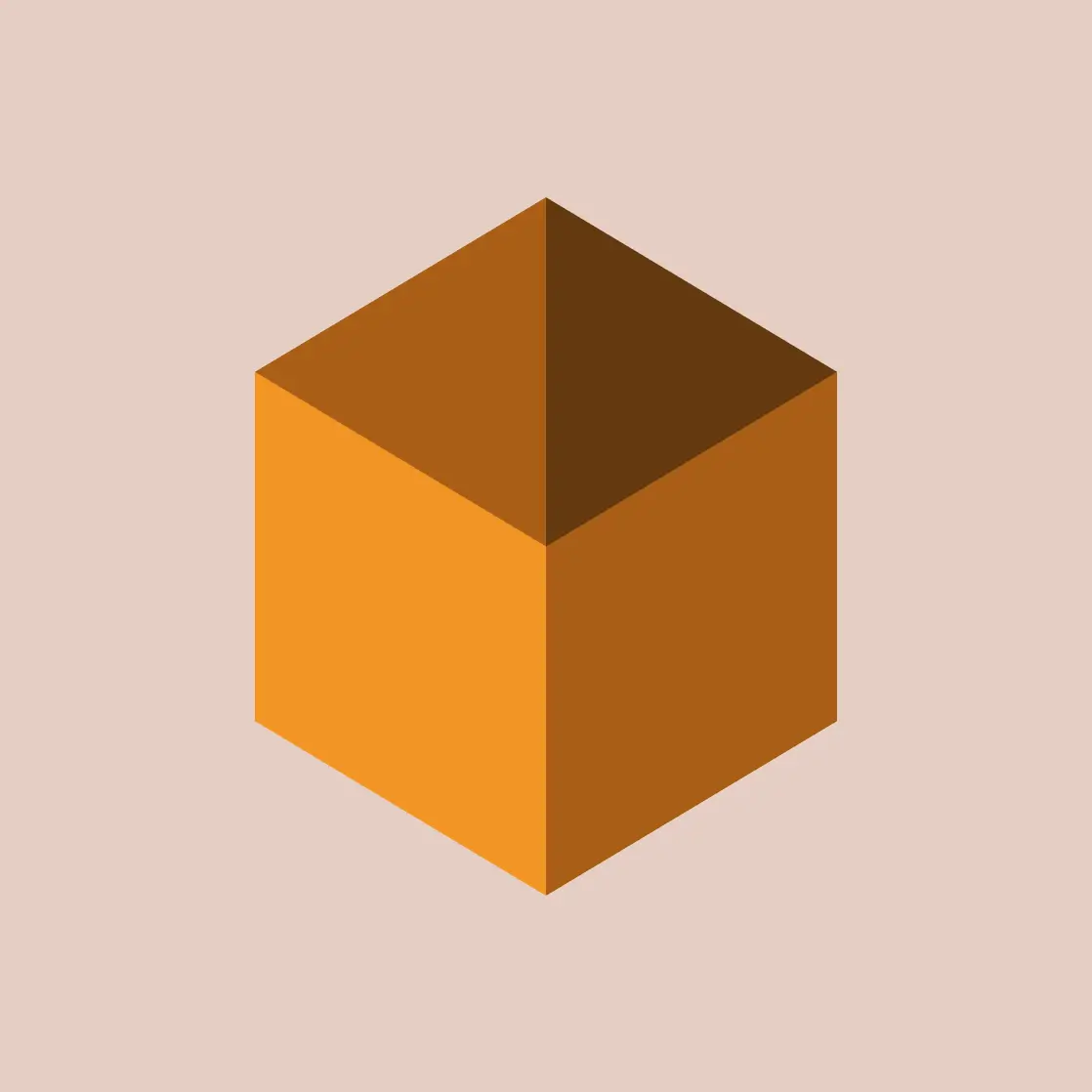 Geometrische Würfelform aus drei Brauntönen und Orange auf hellem Hintergrund.
