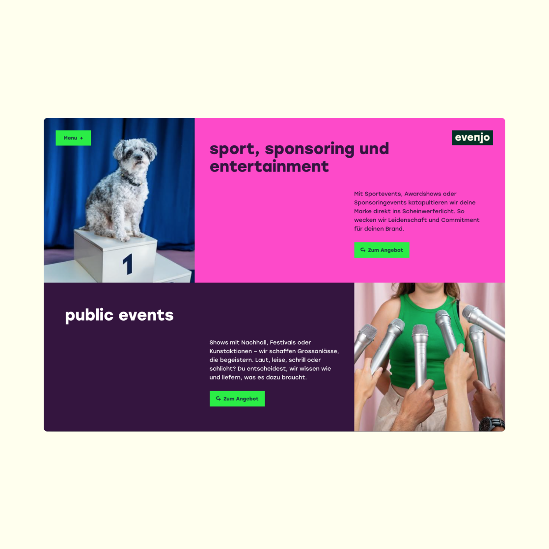 Visualisierung vom grosszügigen Webdesign. Kombination aus Bildern und farbigen Flächen mit Text.