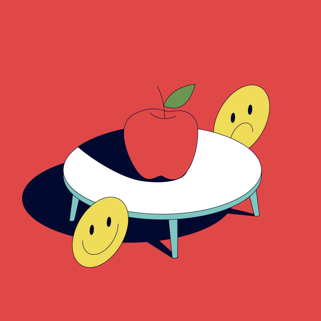 Apfel auf Tisch Illustration auf roten Hintergrund mit einem roten Apfel auf einem runden Tisch und zwei Smileys daneben.