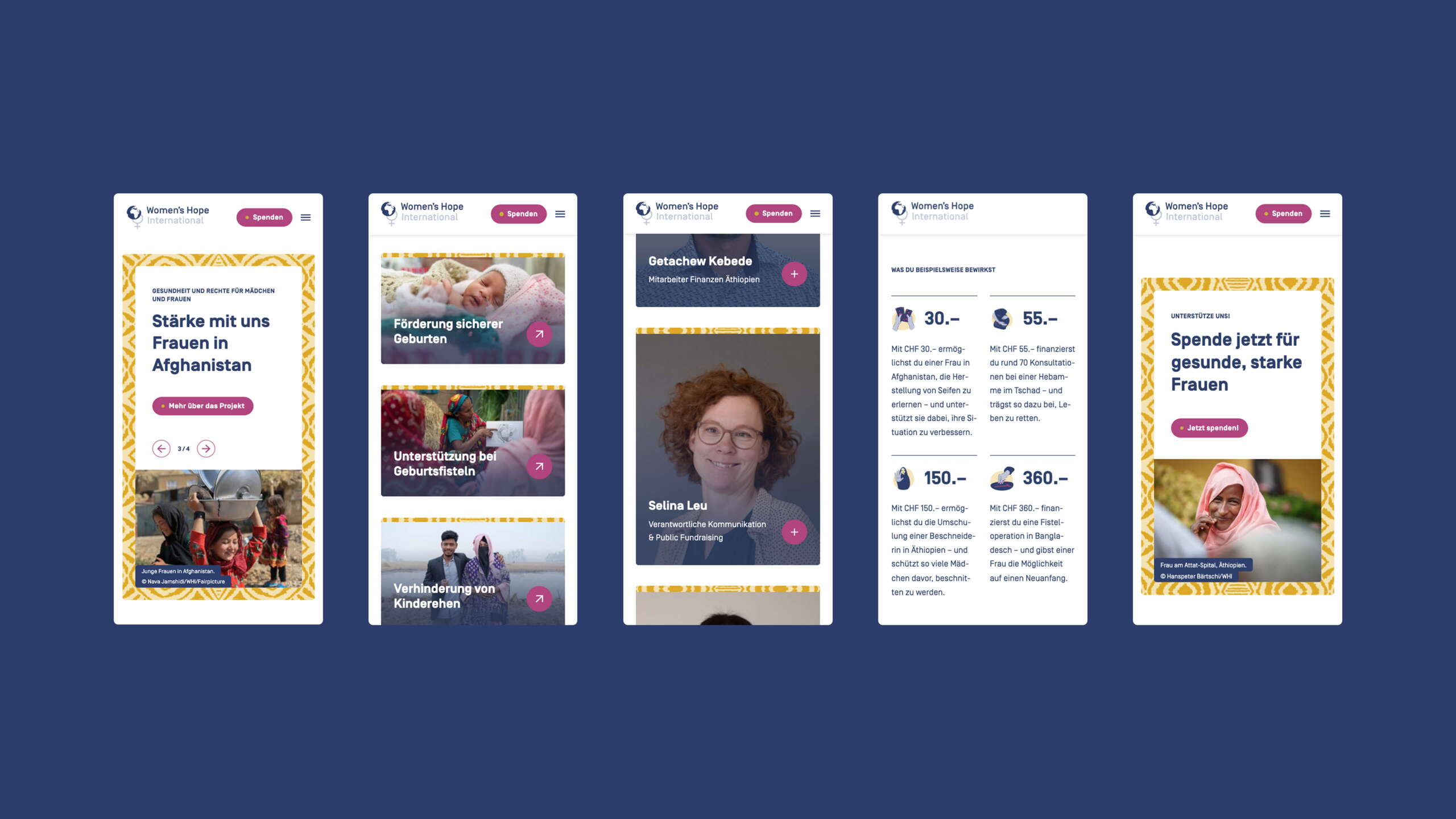Mobile Ansichten der Website mit Projekten, Team und Spendenmöglichkeiten