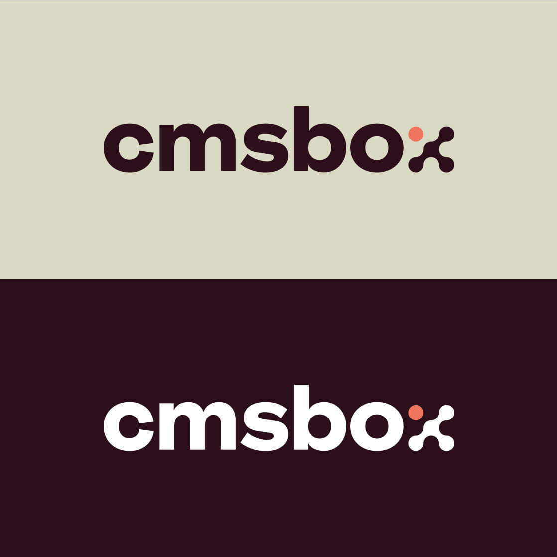 Helle und dunkle Varianten des cmsbox-Logos auf unterschiedlichen Hintergrundfarben.