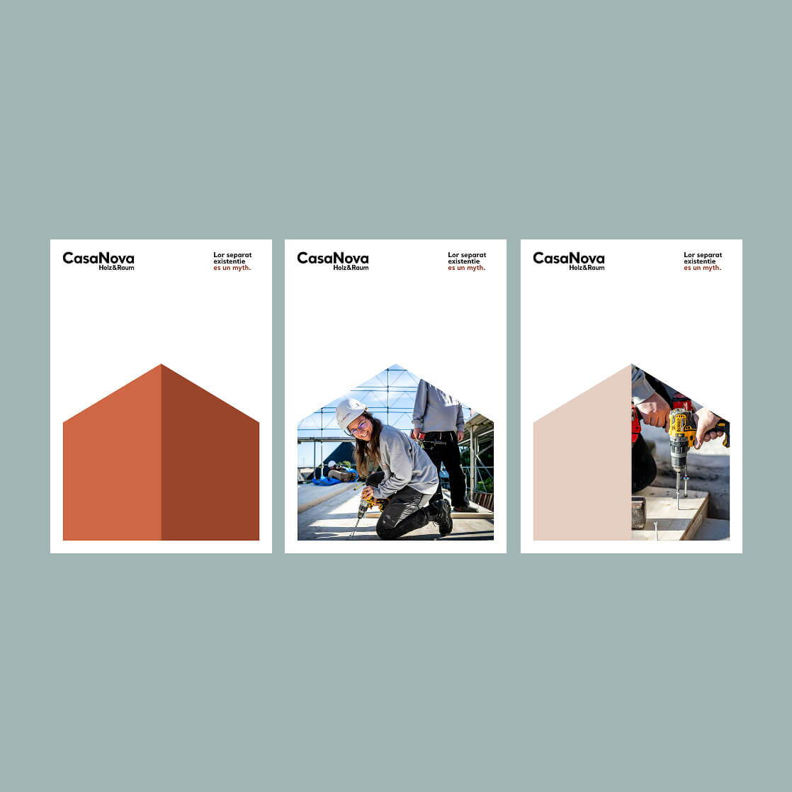 Layouts für Printmedien mit Logo, Bildmasken, Markenfarben und Anwendungsbeispielen.